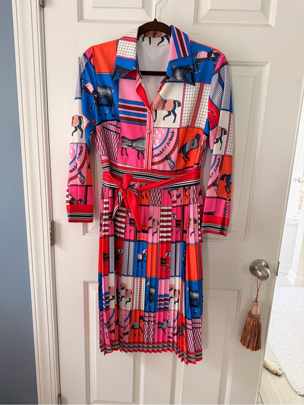 Brand New BURRYCO Pink Blue Red Printed Long Sleeve Shirt Dress with Belt